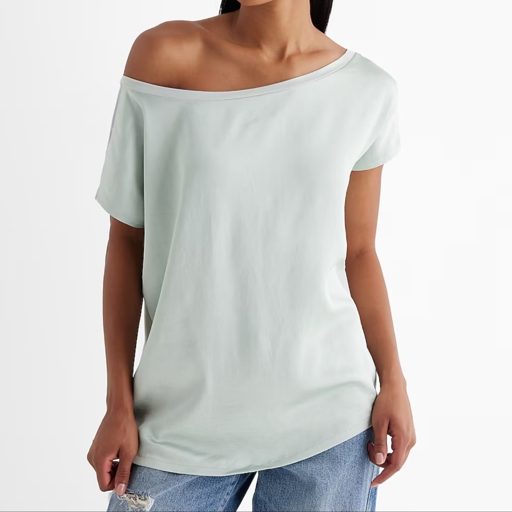 Express Satin Front Off The Shoulder Short Sleeve London Tee